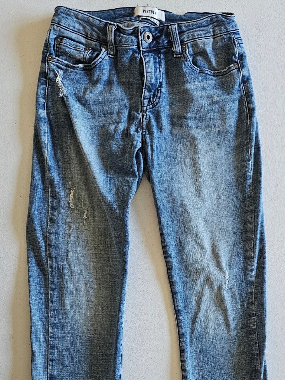 Pistola Women Distressed High Rise Straight Leg Jeans Sz 27 Button Fly Raw Hem